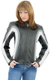 Women's Racing Leather Jacket White Grey And White Stripes, Woman's Jackets, [product_description] - Rhino Gear