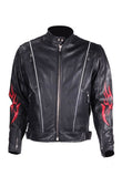 Men's Premium Heavy Duty Leather Motorcycle Racer Jacket With Flames And Reflective Piping, Men's Leather Jacket, [product_description] - Rhino Gear