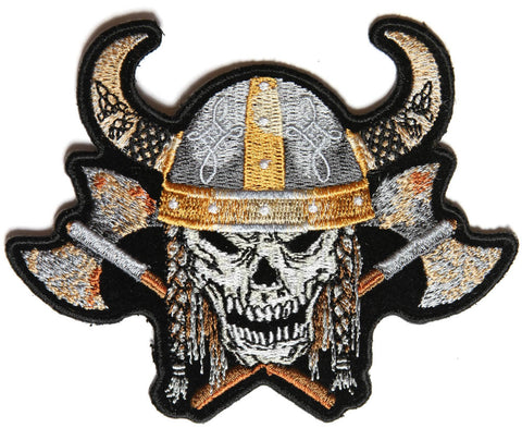 Viking Skull With Axes and Horn Helmet Small PATCH - 4.5x3.5 inch